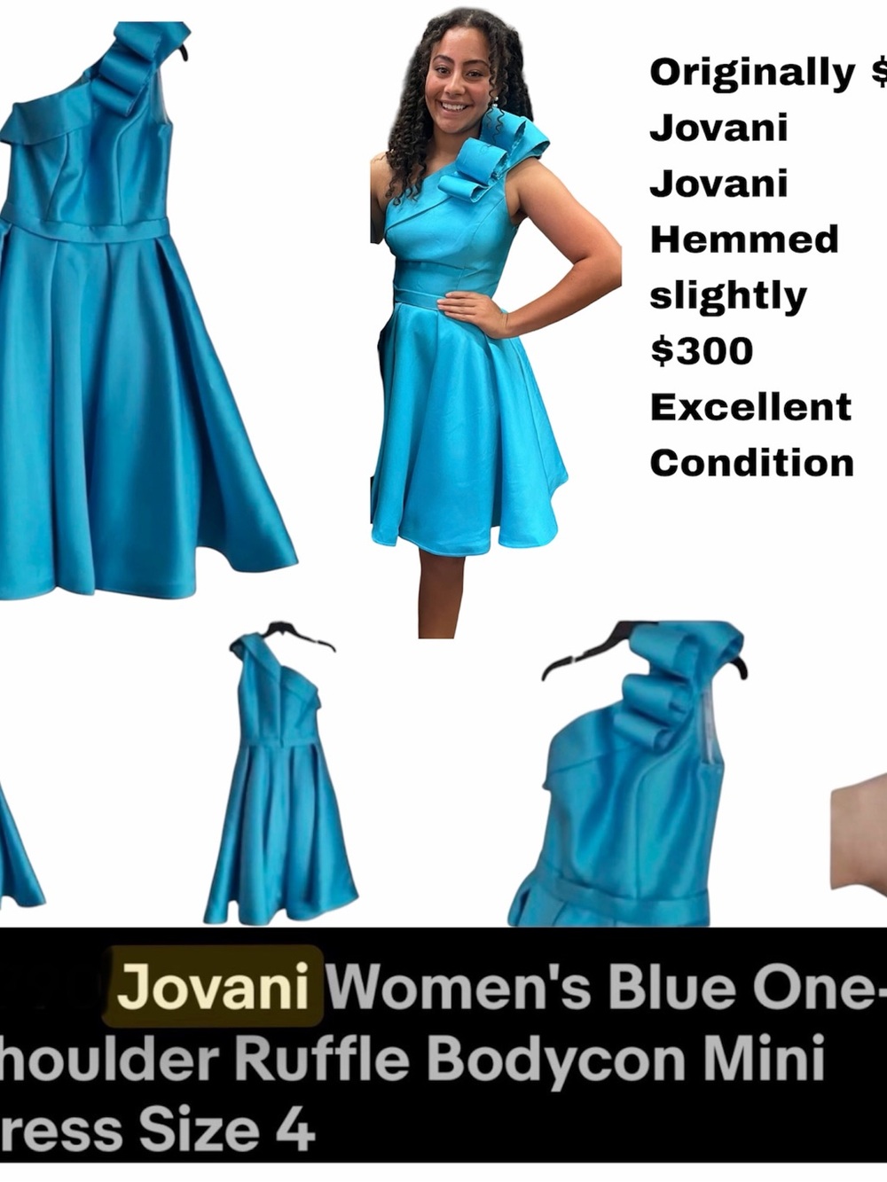 Jovani Teal-Blue One-Shoulder Ruffle Fit-and-Flare Dress